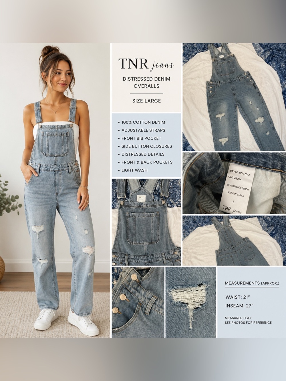 Women's overalls Light Wash Distressed Denim